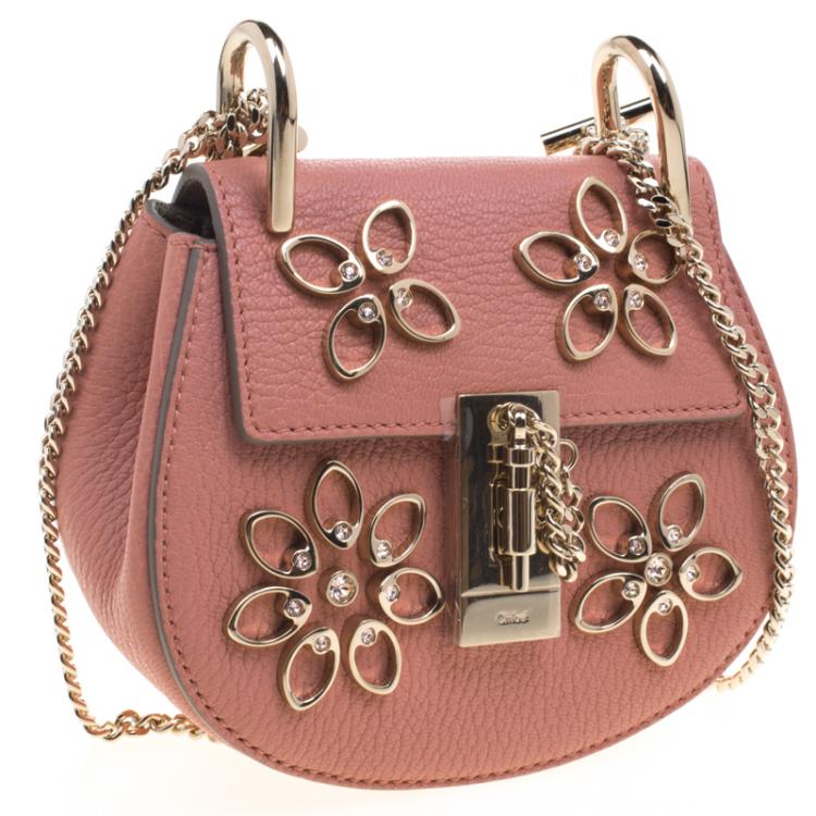 Pre Owned Chloe Misty Rose Leather Nano Flowers Crystal Embellished Drew Shoulder Bag