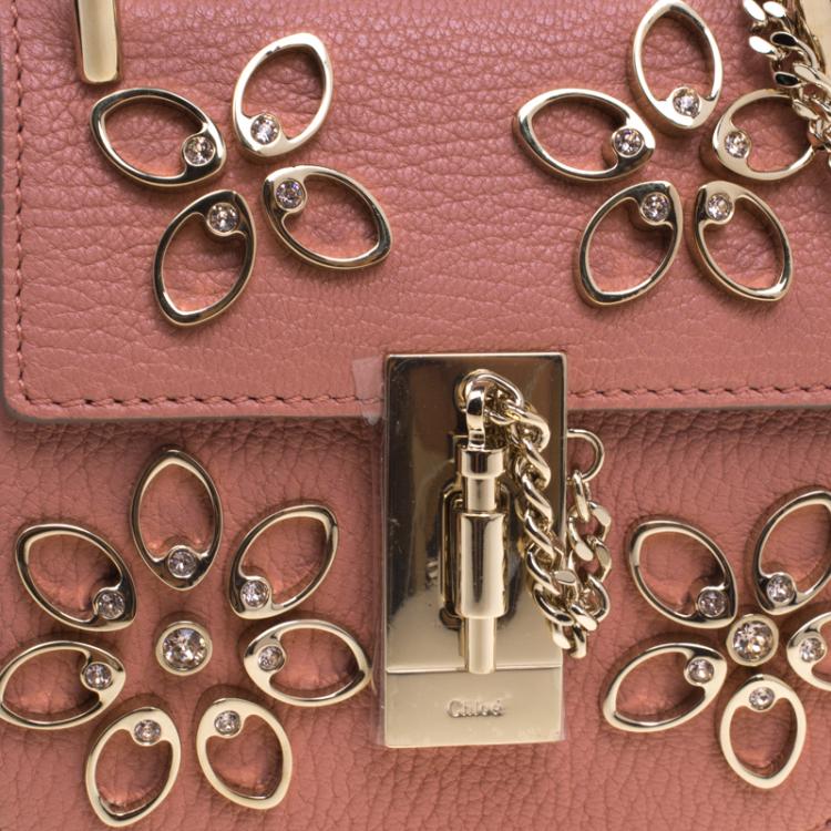 Pre Owned Chloe Misty Rose Leather Nano Flowers Crystal Embellished Drew Shoulder Bag