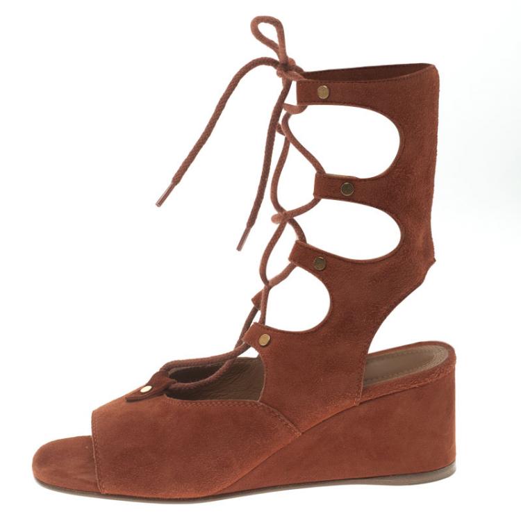 Pre Owned Chloe Orange Suede Gladiator Wedge Sandals Size 35