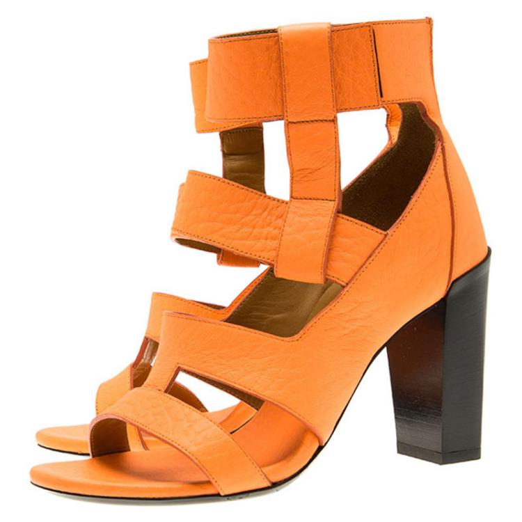 Pre Owned Chloe Fluorescent Orange Leather Block Heel Sandals Size 36.5