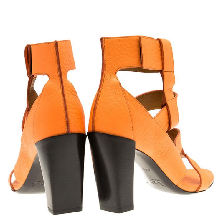 Pre Owned Chloe Fluorescent Orange Leather Block Heel Sandals Size 36.5