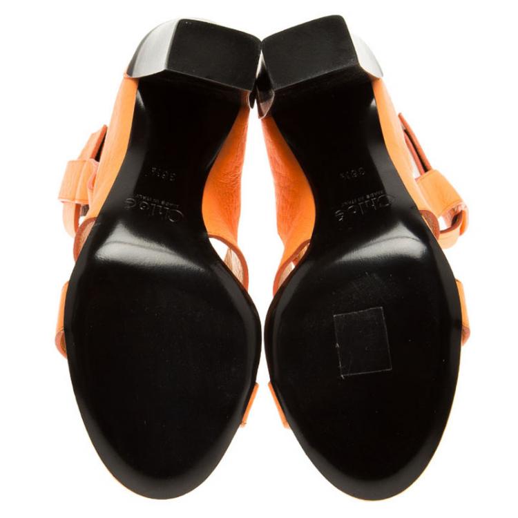 Pre Owned Chloe Fluorescent Orange Leather Block Heel Sandals Size 36.5