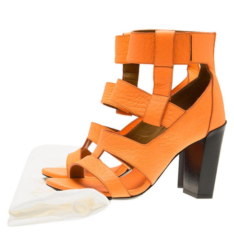Pre Owned Chloe Fluorescent Orange Leather Block Heel Sandals Size 36.5
