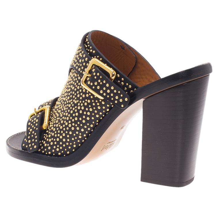 Pre Owned Chloe Black Studded Leather Buckle Mules Size 39