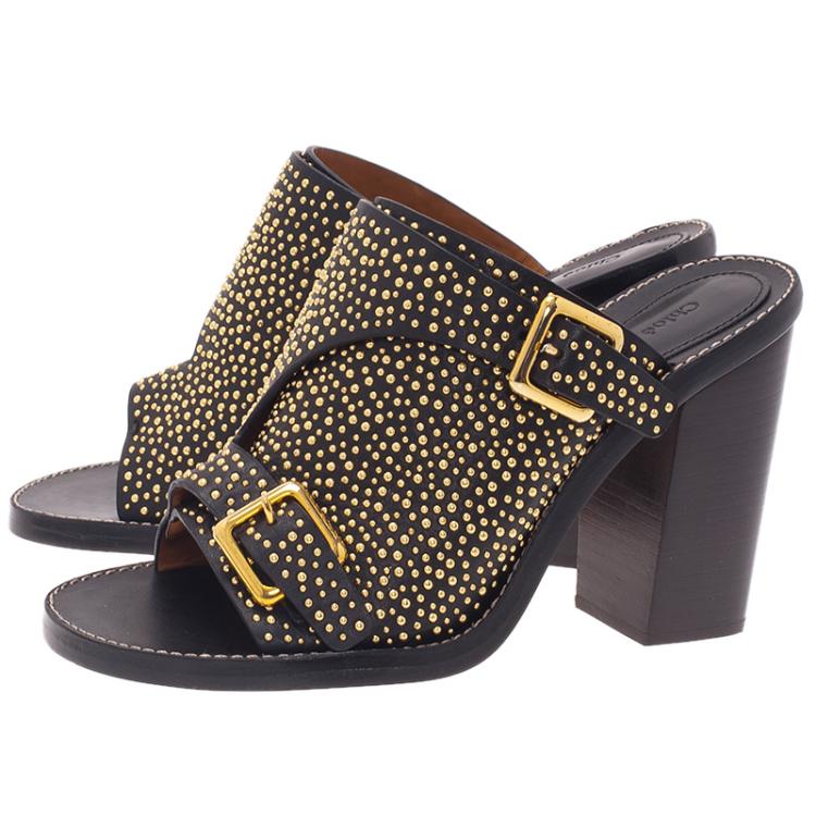 Pre Owned Chloe Black Studded Leather Buckle Mules Size 39