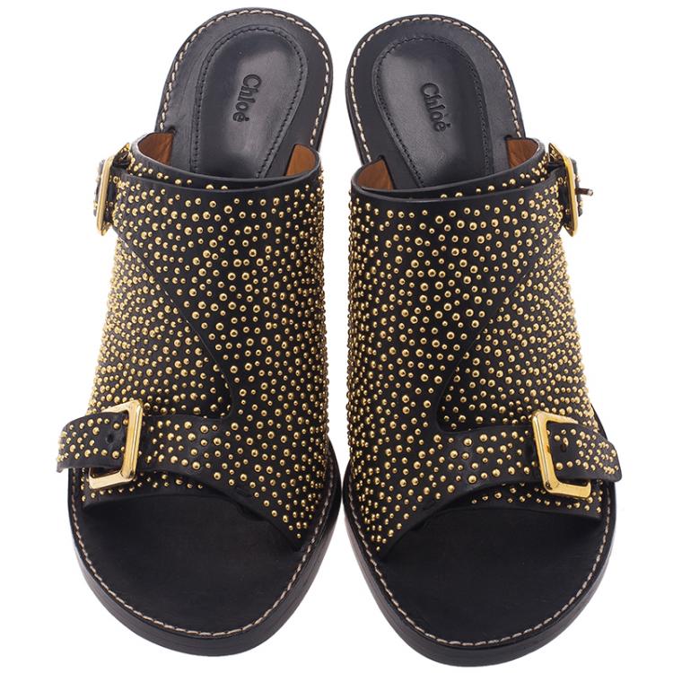 Pre Owned Chloe Black Studded Leather Buckle Mules Size 39