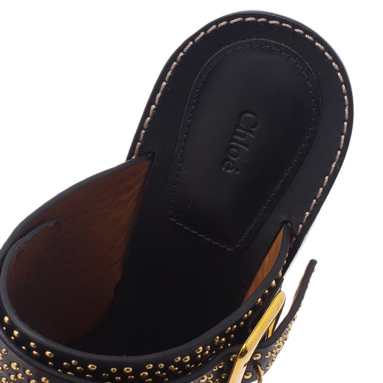 Pre Owned Chloe Black Studded Leather Buckle Mules Size 39