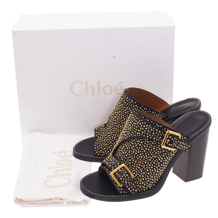 Pre Owned Chloe Black Studded Leather Buckle Mules Size 39