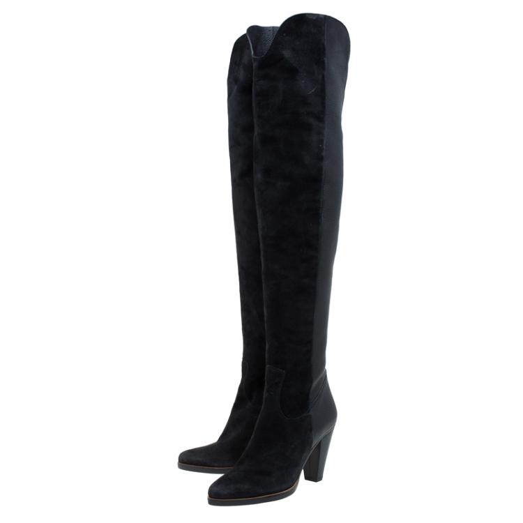 مملوكة مسبقًا Chloe Black Leather and Suede Over The Knee Boots Size 36