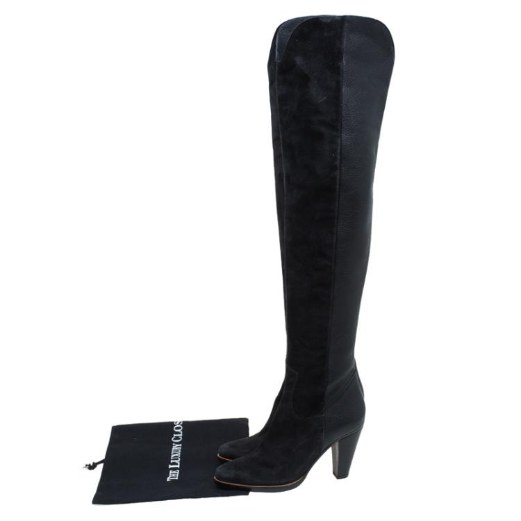 مملوكة مسبقًا Chloe Black Leather and Suede Over The Knee Boots Size 36