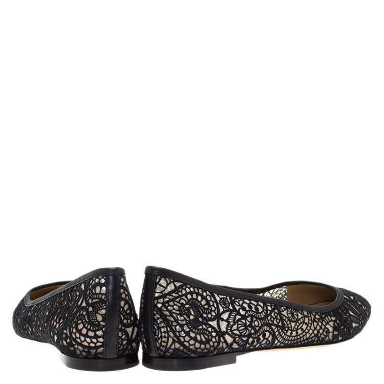 Pre Owned Chloe Black Lace and Leather Ballet Flats Size 39.5