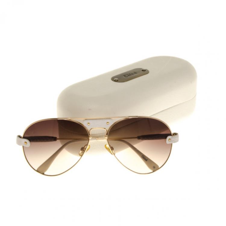 مملوكة مسبقًا Chloe Gold Rimmed Womens Aviators With White Leather Trim