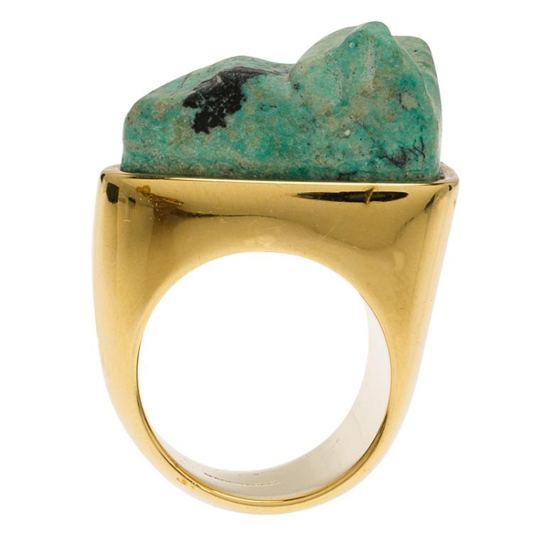 Pre Owned Chloe Bettina Green Natural Stone Gold Tone Ring Size 56