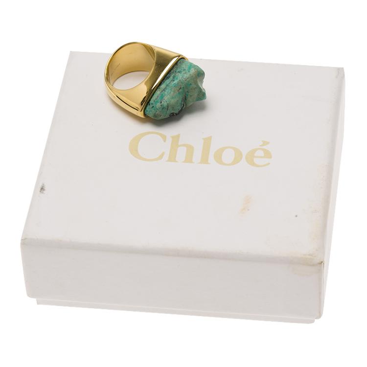 Pre Owned Chloe Bettina Green Natural Stone Gold Tone Ring Size 56