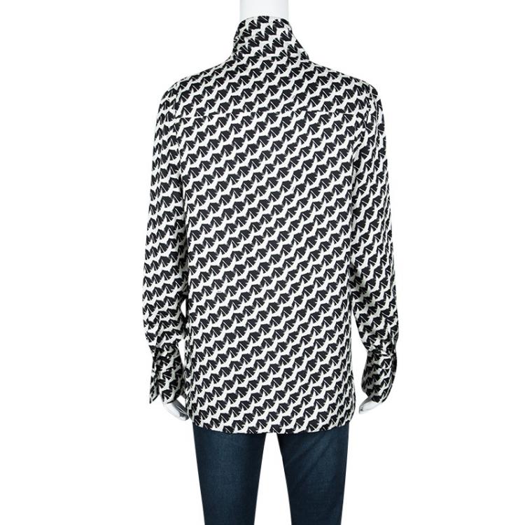 Pre Owned Chloe Monochrome Bird Print Silk Neck Tie Detail Blouse M 