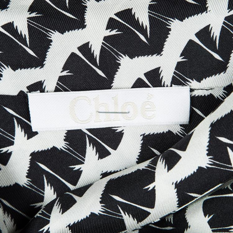 Pre Owned Chloe Monochrome Bird Print Silk Neck Tie Detail Blouse M 