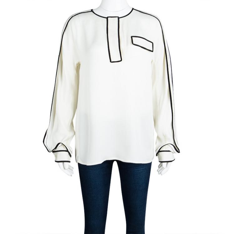 مملوكة مسبقًا Chloe Cream Contrast Trim Long Sleeve Blouse M