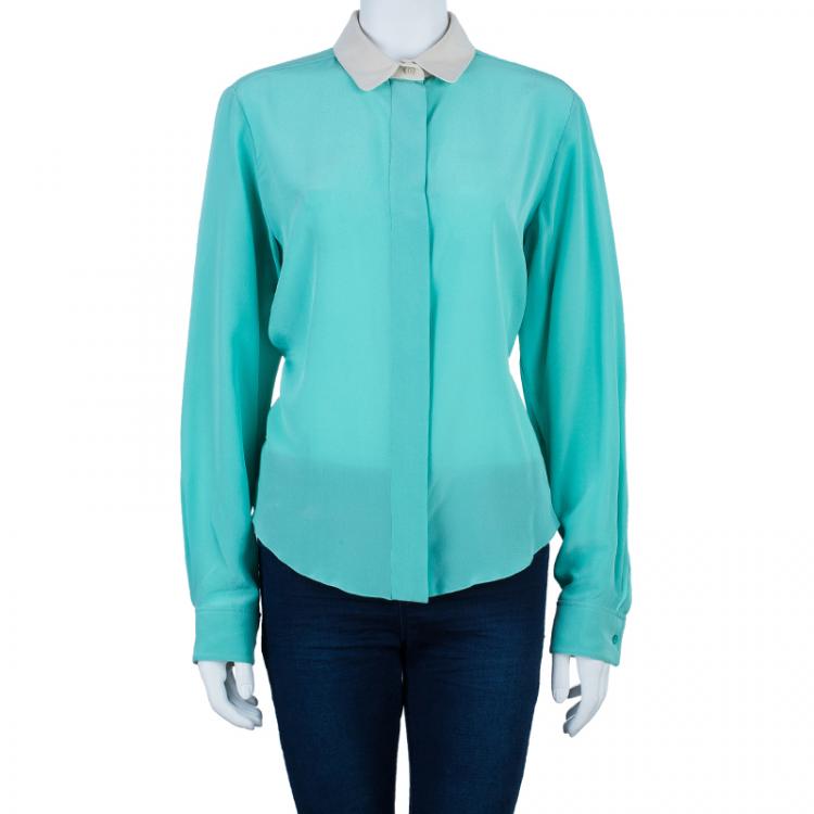 Pre Owned Chloe Bicolor Silk Peter Pan Collar Top L