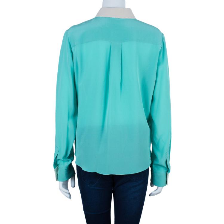 Pre Owned Chloe Bicolor Silk Peter Pan Collar Top L