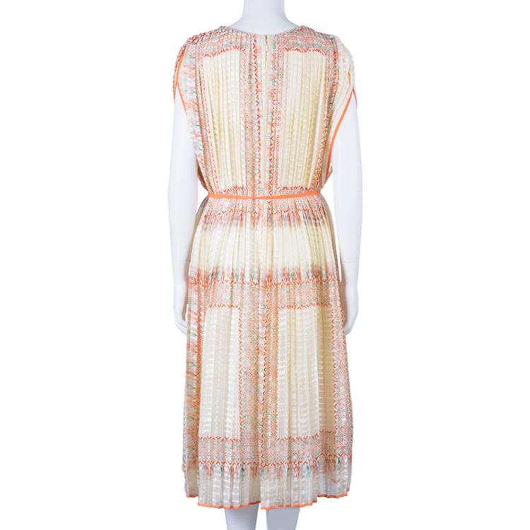 Pre Owned Chloe Orange Foulard Print Pleated Silk Dress M