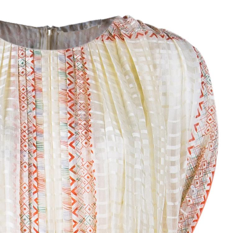 Pre Owned Chloe Orange Foulard Print Pleated Silk Dress M