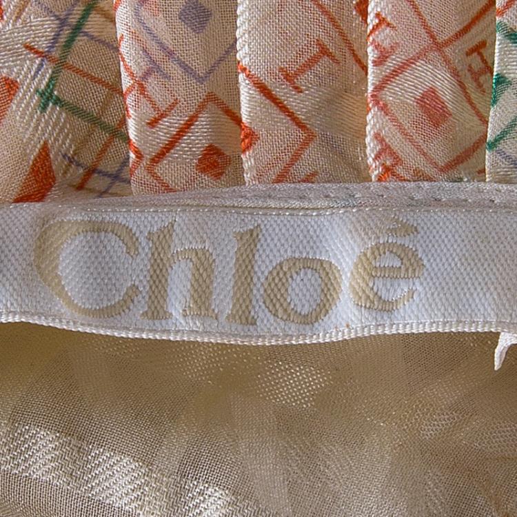 Pre Owned Chloe Orange Foulard Print Pleated Silk Dress M