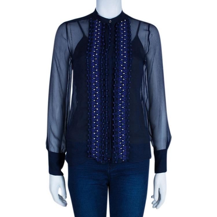 Pre Owned Chloe Navy Blue Embellished Long Sleeve Top S