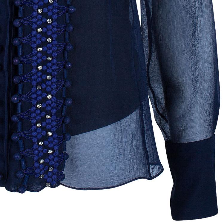 Pre Owned Chloe Navy Blue Embellished Long Sleeve Top S