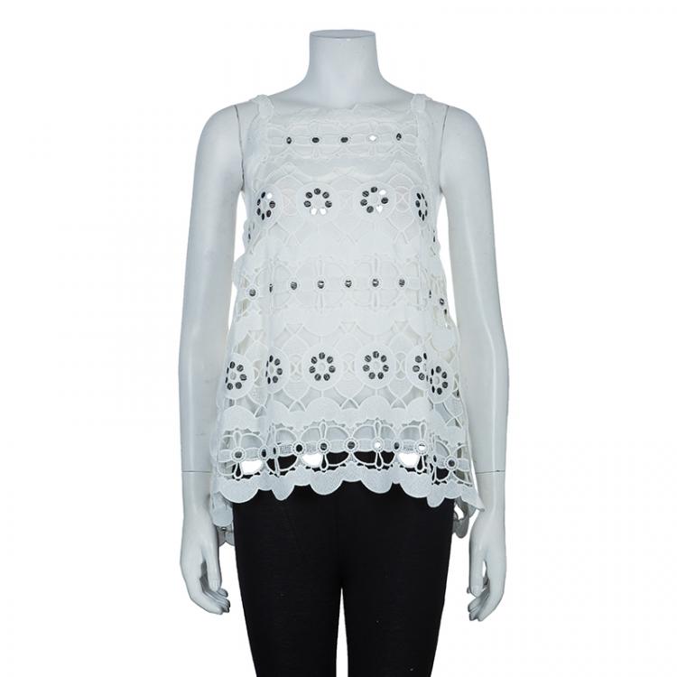 Pre Owned Chloe White Scalloped Lace Overlay Sleeveless Top S