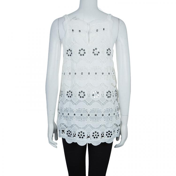 Pre Owned Chloe White Scalloped Lace Overlay Sleeveless Top S
