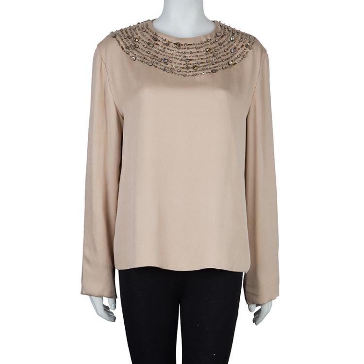 Pre Owned Chloe Beige Embellished Long Sleeve Silk Blouse L