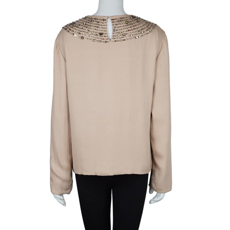 Pre Owned Chloe Beige Embellished Long Sleeve Silk Blouse L