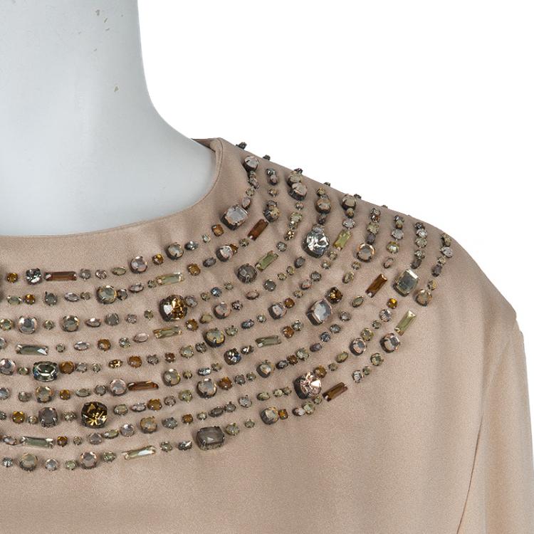 Pre Owned Chloe Beige Embellished Long Sleeve Silk Blouse L