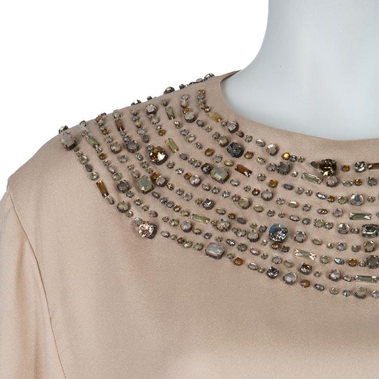 Pre Owned Chloe Beige Embellished Long Sleeve Silk Blouse L