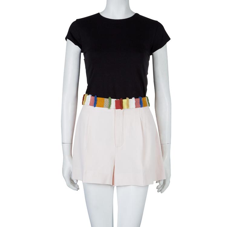 Pre Owned Chloe Powder Pink Multicolor Fringed Waistband Detail Shorts M