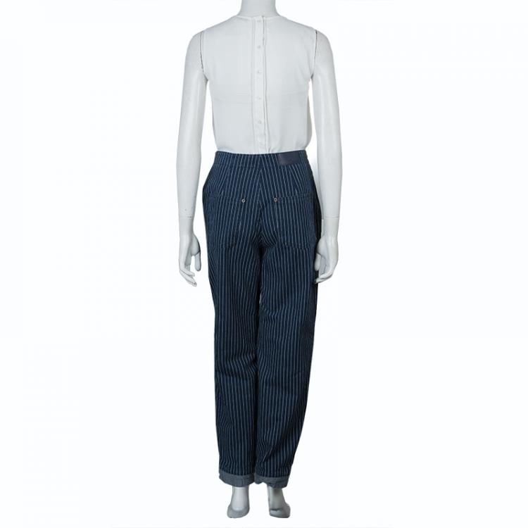 Pre Owned Chloe Blue Dark Wash Denim Striped Wide Leg Drawstring Pants S