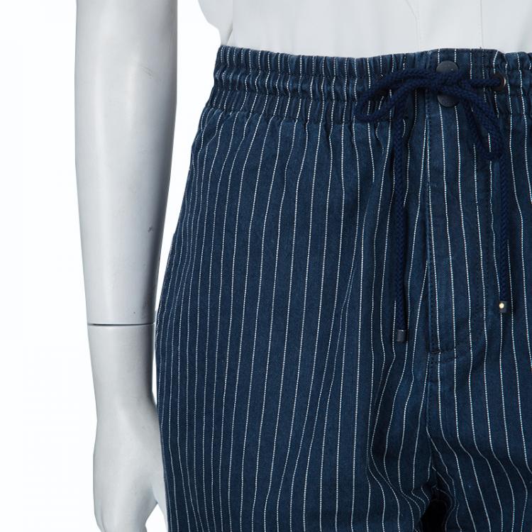 Pre Owned Chloe Blue Dark Wash Denim Striped Wide Leg Drawstring Pants S