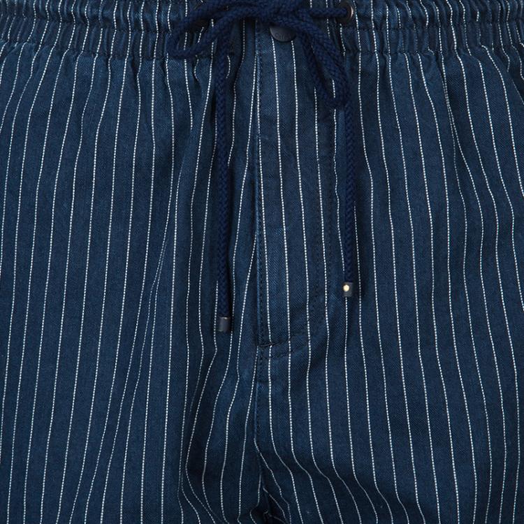 Pre Owned Chloe Blue Dark Wash Denim Striped Wide Leg Drawstring Pants S