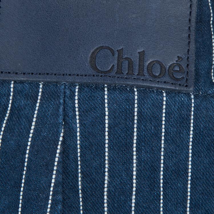 Pre Owned Chloe Blue Dark Wash Denim Striped Wide Leg Drawstring Pants S