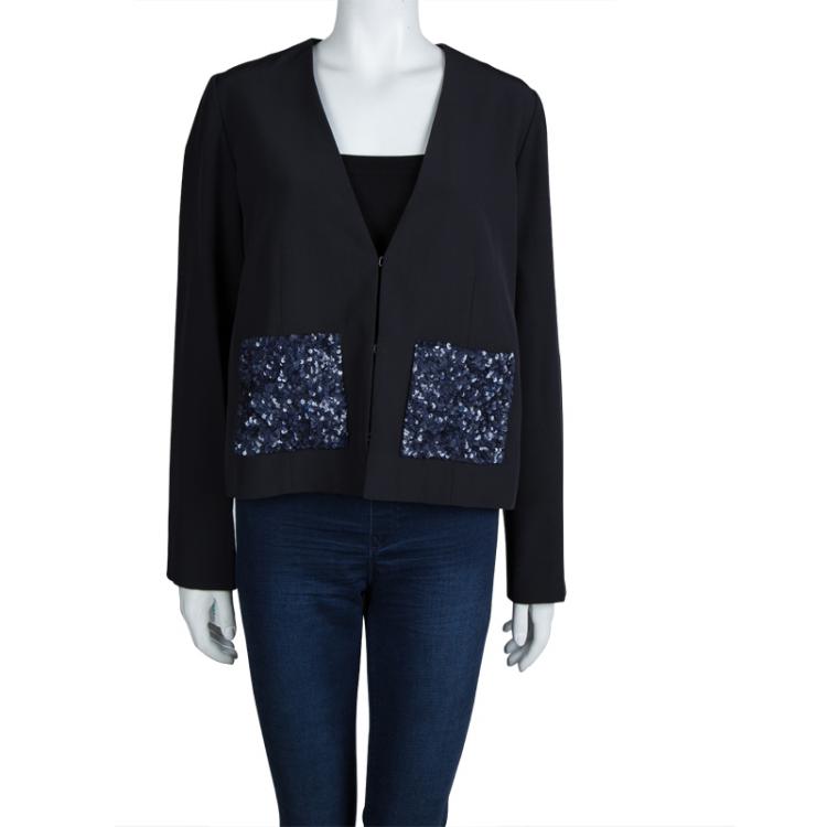 Pre Owned Chloe Navy Blue Sequinned Pocket Detail Blazer L