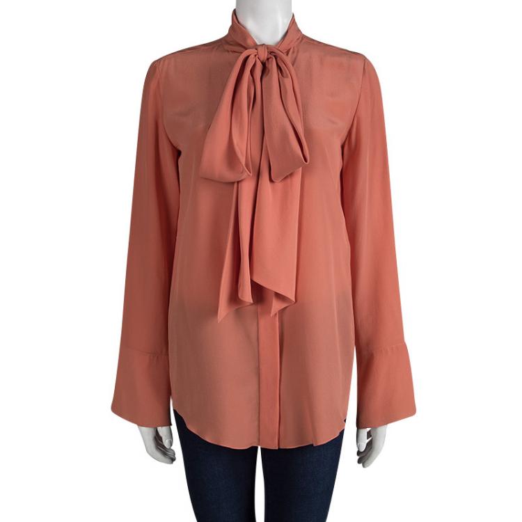 Pre Owned Chloe Peach Silk Long Sleeve Tie Detail Blouse M