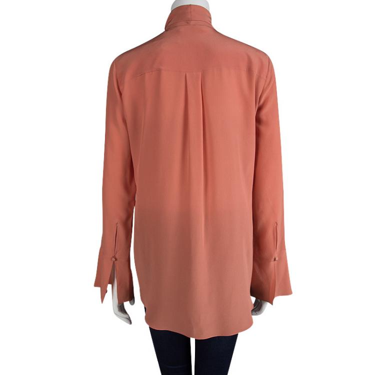 Pre Owned Chloe Peach Silk Long Sleeve Tie Detail Blouse M