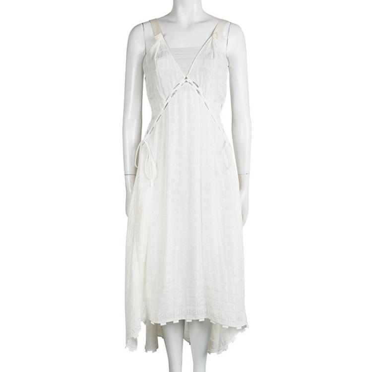 Pre Owned Chloe Cream Sleeveless V-Neck Tie Detail Sheer Dress M