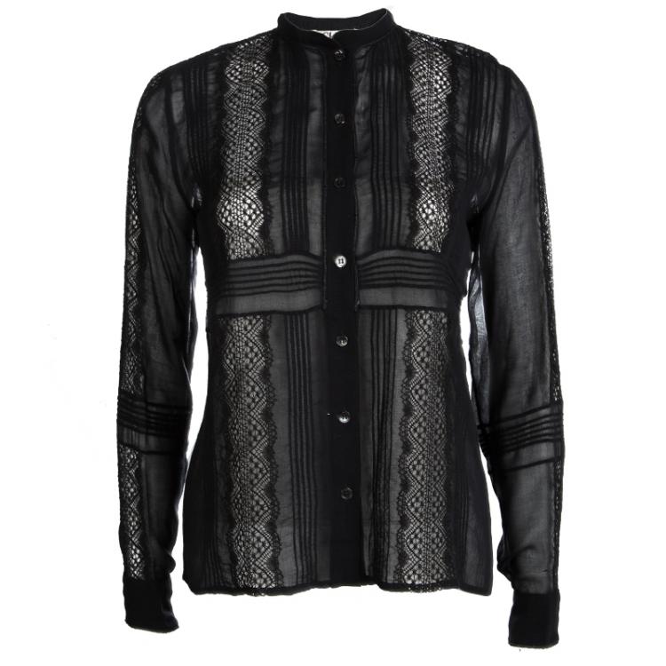 مملوكة مسبقًا Chloe Black Cotton Lace Insert Pintuck Detail Shirt M