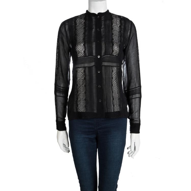 مملوكة مسبقًا Chloe Black Cotton Lace Insert Pintuck Detail Shirt M