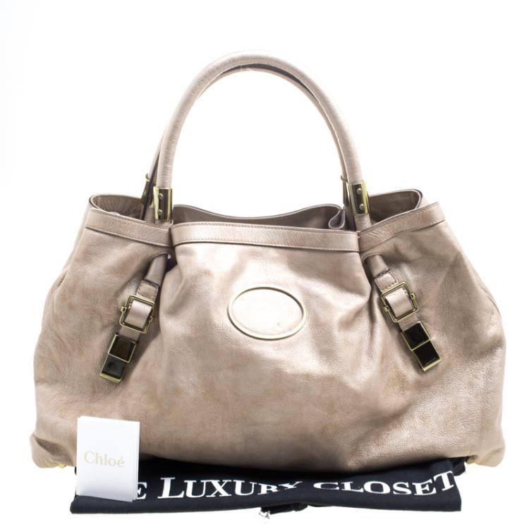 Pre Owned Chloe Metallic Biege Leather Victoria Tote