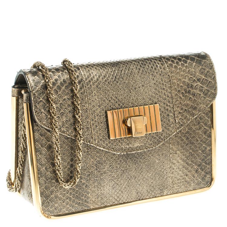 Pre Owned Chloe Metallic Gold Python Frame Sally Shoulder Bag