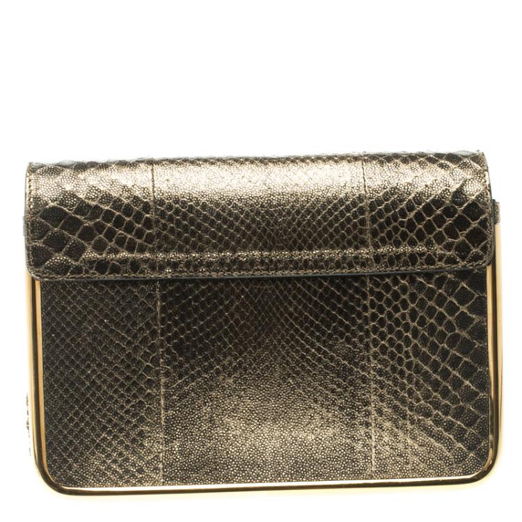 Pre Owned Chloe Metallic Gold Python Frame Sally Shoulder Bag