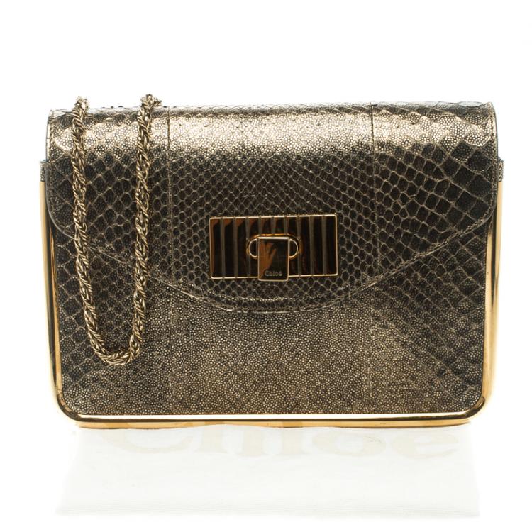Pre Owned Chloe Metallic Gold Python Frame Sally Shoulder Bag