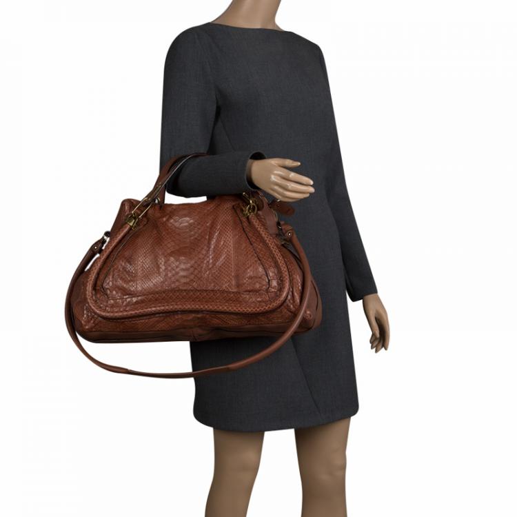 Pre Owned Chloe Brown Python and Leather Large Paraty Shoulder Bag